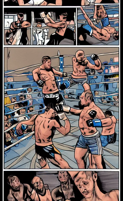 Prompt: a comic page of a mma fight