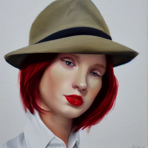 Prompt: Photorealistic portrait, white girl, short red hair, flower button up shirt, blue fedora