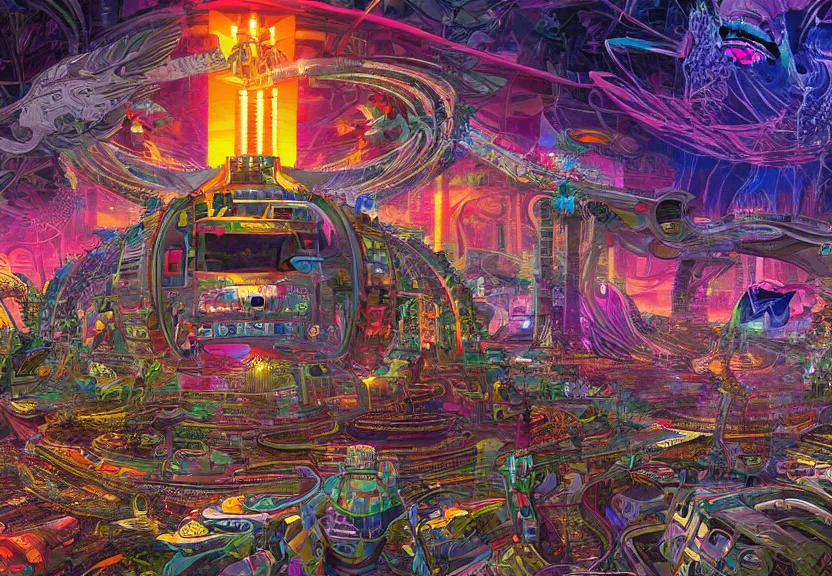 Prompt: a complex hyperdetailed maximalist illustration of a dmt trip in a retrofuturist scifi city by legendary artist salviadroid