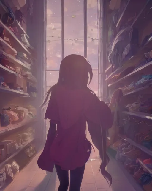 Image similar to a girl shopping for clothes, full shot, atmospheric lighting, detailed face, by makoto shinkai, stanley artger m lau, wlop, rossdraws, james jean, andrei riabovitchev, marc simonetti, krenz c