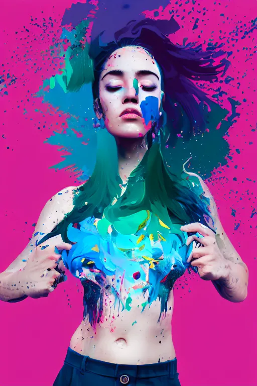 Image similar to a award winning half body portrait of a beautiful woman in a croptop and cargo pants with ombre navy blue teal hairstyle with head in motion and hair flying, paint splashes, splatter, outrun, vaporware, shaded flat illustration, digital art, trending on artstation, highly detailed, fine detail, intricate