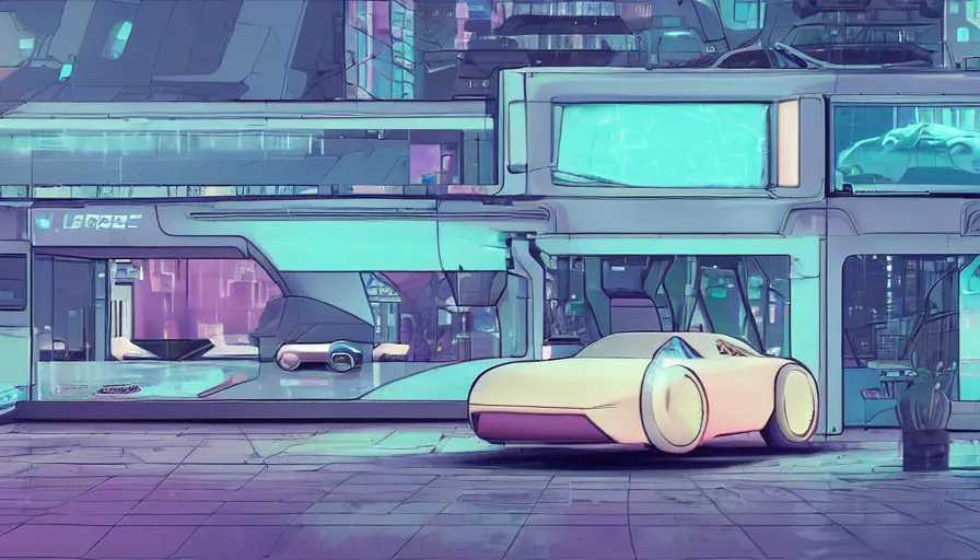 Image similar to pastel color pallete futuristic kiosk floating car with jet engine next to it Future drive through window Highly Illustrated artstation by space goose Cyberpunk buildings in background
