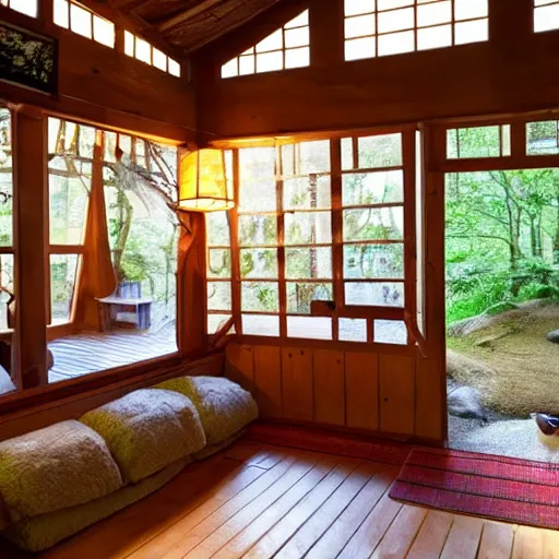 Prompt: photo of interior of cozy cottage with english and japanese style, forest theme