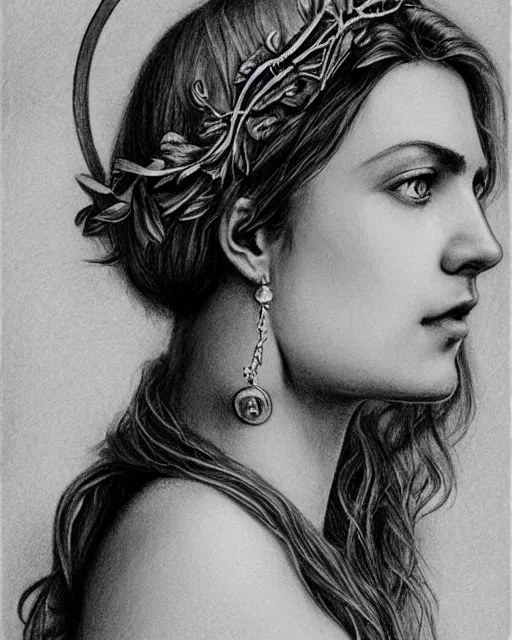 Prompt: pencil drawing of a beautiful greek goddess aphrodite wearing a laurel wreath and arrowhead earrings, beautiful confident and piercing eyes, beautiful flowing hair, hyper realistic face, in the style of greg rutkowski, fantasy, amazing detail, epic, elegant, smooth, sharp focus, from the front