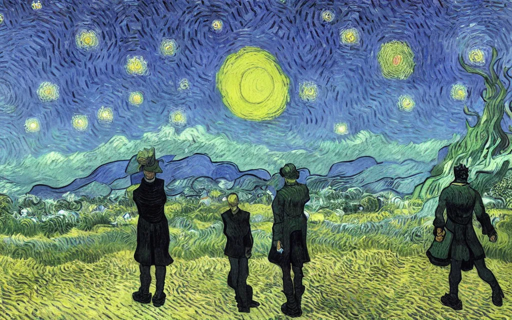 Prompt: the sandman from graphic novel, looking out over his domain of the dreaming, with a sense of nostalgia and longing by vincent van gogh and tyler edlin