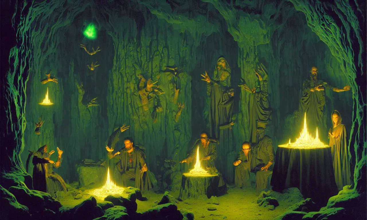 Prompt: The arcane sages in their séance cave by Albert Bierstadt and Gerald Brom and Dan Mumford and Greg Hildebrandt and Dean Ellis, floating metallic objects, blue flames, low light, glowing green crystals