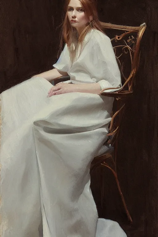 Image similar to girl with long hair, silk dress, high heels, sitting on designer chair, by jeremy lipking