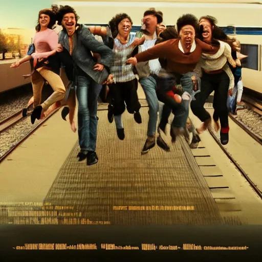 Image similar to People jumping out of the way of that movie where the train is coming right at you