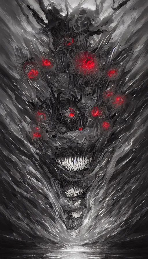 Image similar to a storm vortex made of many demonic eyes and teeth, by wlop