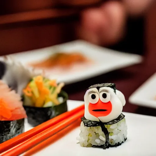 Prompt: Mr. Potato Head eating sushi at a Japanese restaurant