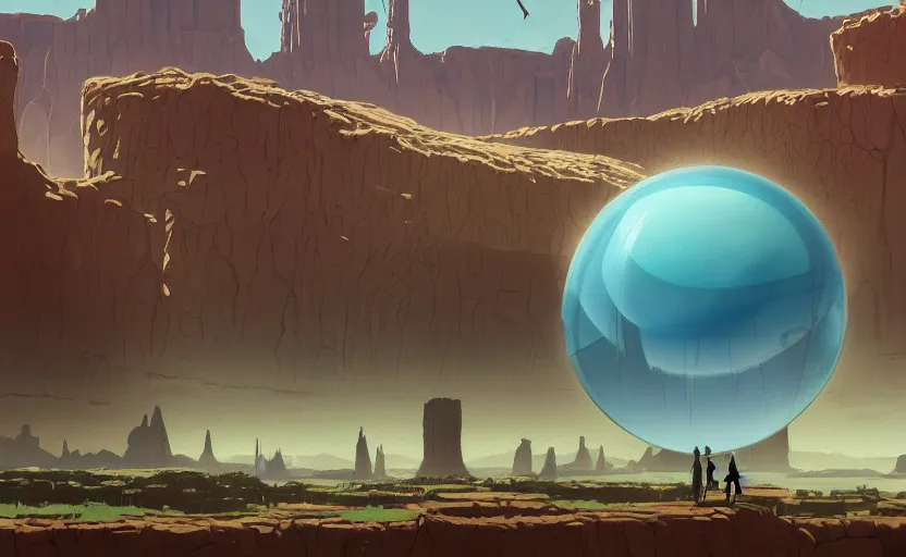 Prompt: a scary hyperrealist painting of a post - apocalyptic city inside a giant transparent dimensional portal ball from howl's moving castle ( 2 0 0 4 ) in a flooded monument valley stonehenge jungle. depth perception, 4 k, artstation, in the style of studio ghibli