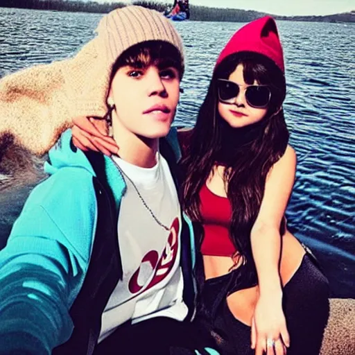 Image similar to justin bieber and selena gomez at a lake during christmas