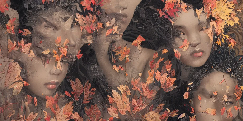 Prompt: breathtaking detailed concept art painting pattern of black faces goddesses amalgamation autumn leaves with anxious piercing eyes and blend of flowers and birds, by hsiao - ron cheng and john james audubon, bizarre compositions, exquisite detail, extremely moody lighting, 8 k