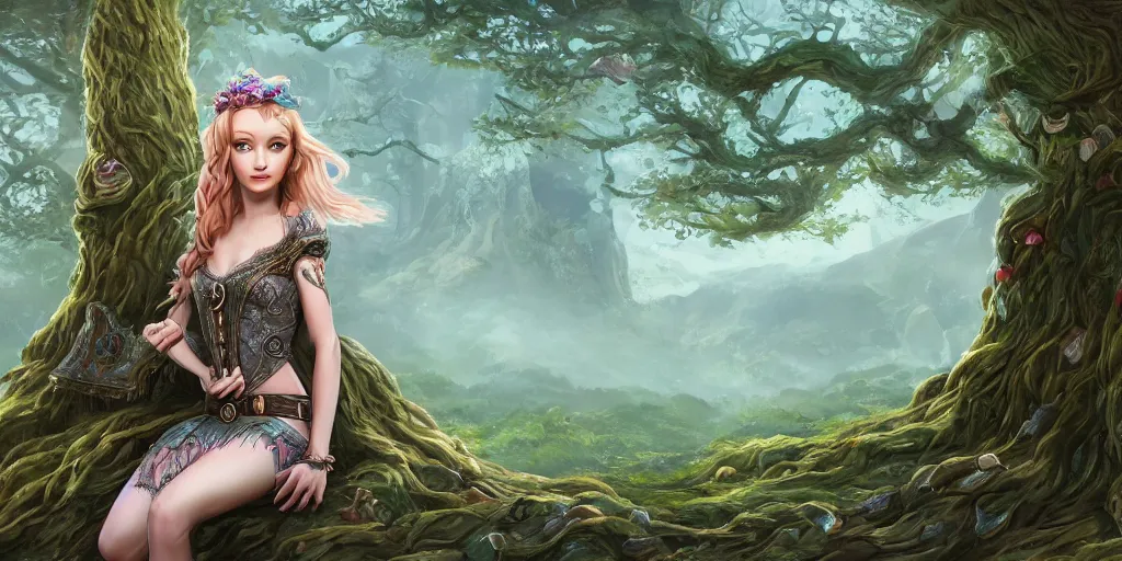 Image similar to alluring highly-res photo an attractive young elf woman (with a face of iceland young lady) sitting on top of giant tree in her tree city, clothed in a chesty fantasy outfit, intricate, elegant, highly detailed, digital painting, trending on Artstation, concept art, smooth, sharp focus, colorful, illustration, in the style of artgerm and greg rutkowski and alphonse mucha