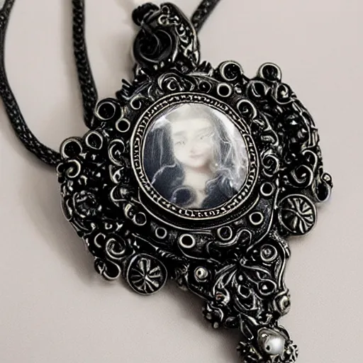 Image similar to semi - realistic gothic style big necklace with rococo ornamental bezel and a pendant of a dark style vampiress artistic necklace