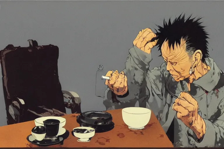 Prompt: first person GoPro footage page of tetsuo having a nice cup of tea, by Katsuhiro Otomo, Phil hale, Ashley wood, Ilya repin, frank frazetta, 8k, hd, high resolution print