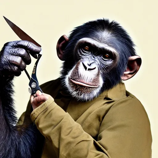 Image similar to A chimpanzee in a vintage military jacket holding a pair of scissors, he has a very good haircut