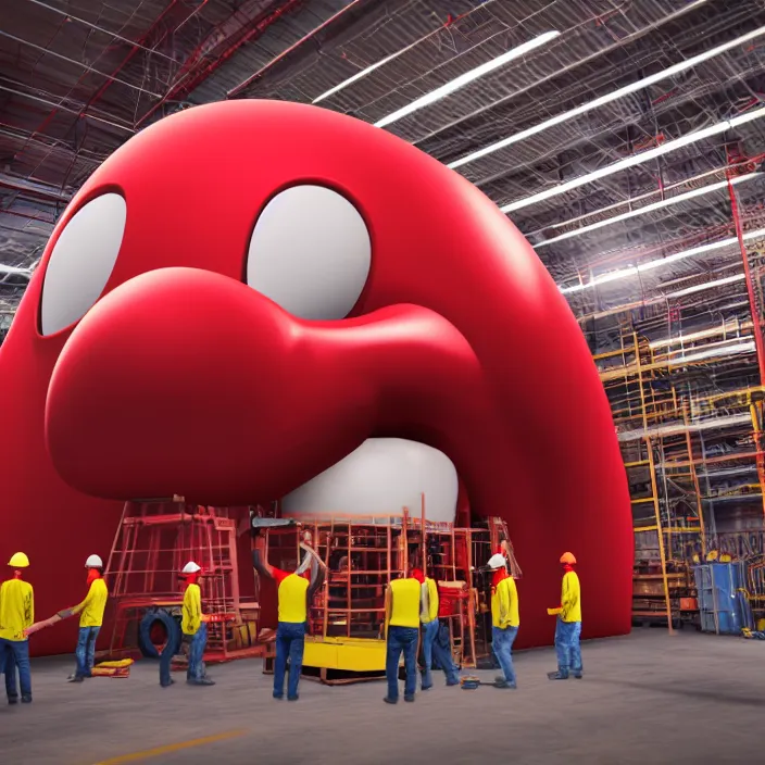 Image similar to crew of workers in red overalls building giant mickey mouse head in warehouse, octane render, 4 k ultra hd, hyper - detailed, realistic, low lighting, sharp focus, in style of beeple