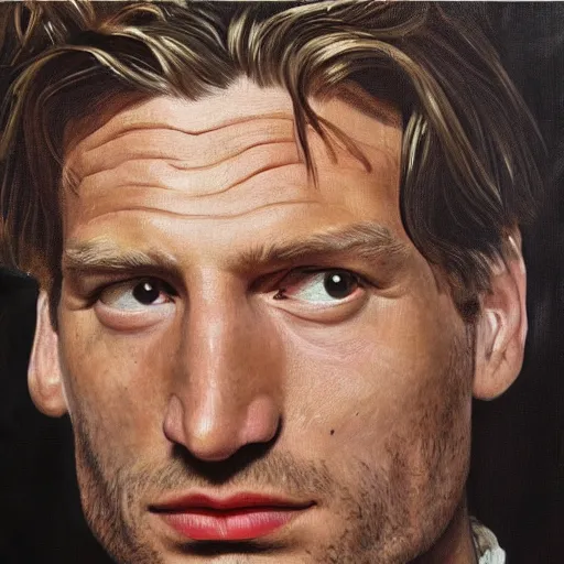 Image similar to high quality high detail painting by lucian freud, hd, jaime lannister