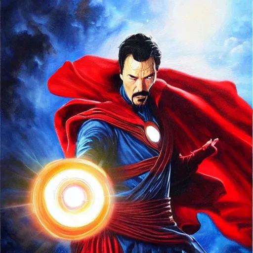 Image similar to dr strange in iron man armor, very detailed oil painting, fantasy magic science art