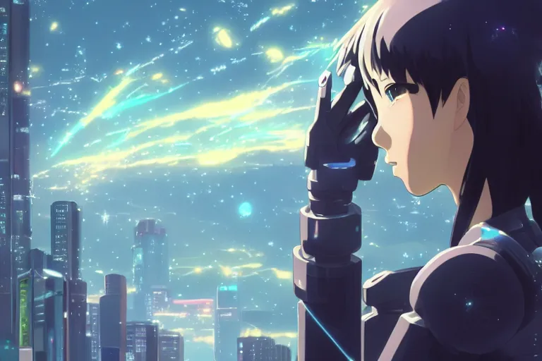 Prompt: makoto shinkai. robotic android girl. futuristic cyberpunk. dystopia. vibrant nebula sky. arm