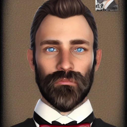 Image similar to a highly detailed portrait of a man, with a brown short beard and hair, blue eyes, wearing a tuxedo, artstation, deviantart, professional, unreal engine 5, photorealistic