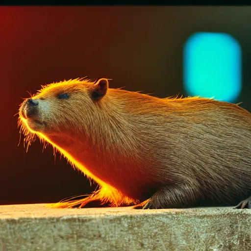 Prompt: capybara chews on a nvidia gpu, wildlife photography, kodak gold 2 0 0, depth of field, f / 2 2, neon lamp, volumetric lighting, award - winning photo