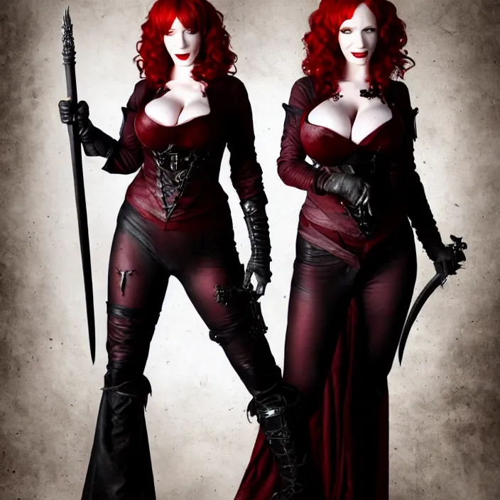 Image similar to full length photograph of a real-life christina hendricks as a vampire warrior, Extremely detailed. 8k