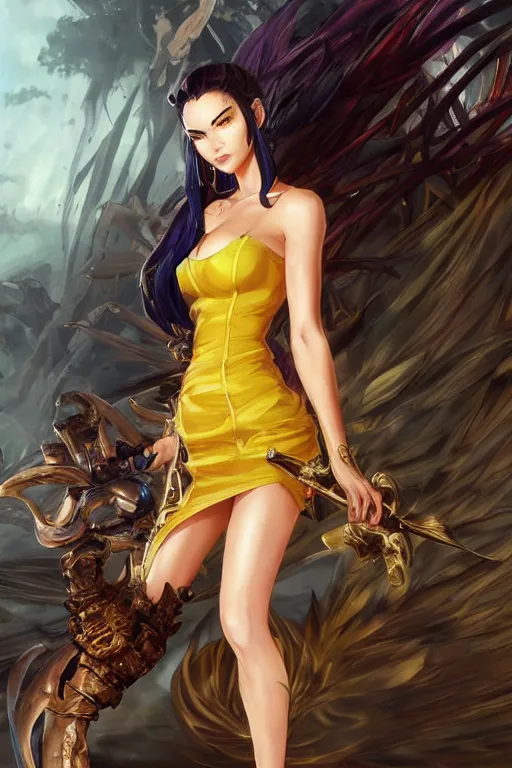 Image similar to Megan Fox using a yellow summer dress in a blade and soul spinoff artbook rendered by the artist Taran Fiddler, Joe Madureira, Nadezhda Tikhomirova, Jiyun Chae, Lê Long, trending on Artstation by Hyung Tae Kim, artbook, Stanley Artgerm Lau, WLOP, Rossdraws , James Gurney