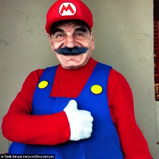 Image similar to mario as an italian plumber in real life, no cgi or cartoon faces, purely human super mario at age 7 0