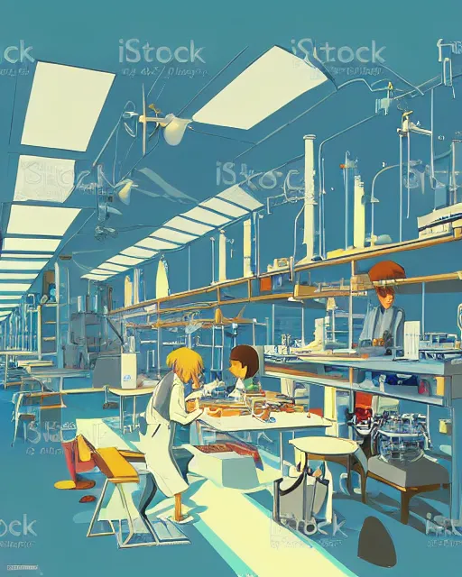 Image similar to science lab. clean cel shaded vector art. illustration art by makoto shinkai and and john berkey