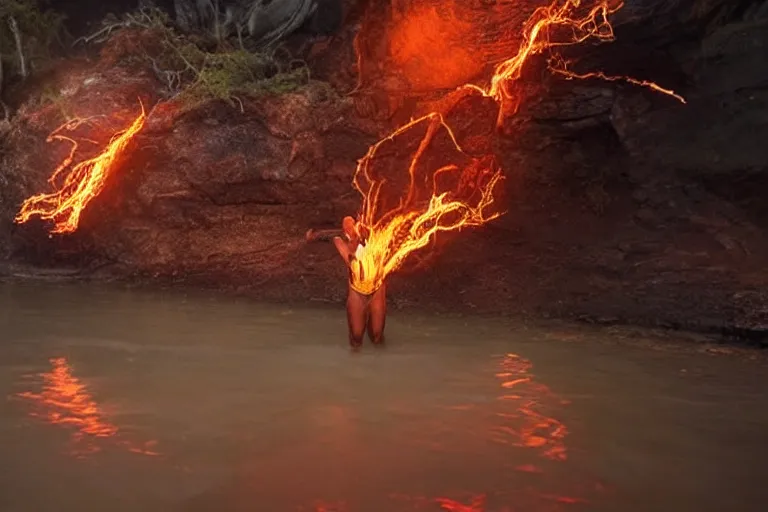 Prompt: a cinematic wide - angle photograph of a mutant made of fire walking through a river in a vast serene landscape, beautiful lighting, high depth, ultra realistic, artistic, by zack snyder and john harris