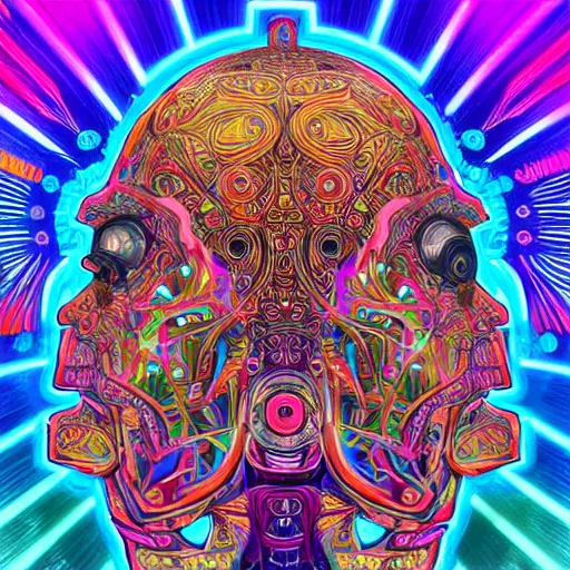 Prompt: hyperdetailed portrait of a psychedelic steampunk robot head, covered in colorful glowing holy geometry lotus flowers, wearing multicolored tubes, eyes are rainbow laser, 8 k, symetrical, halluzinogenic, meditative, flourescent colors on black background, sticker art