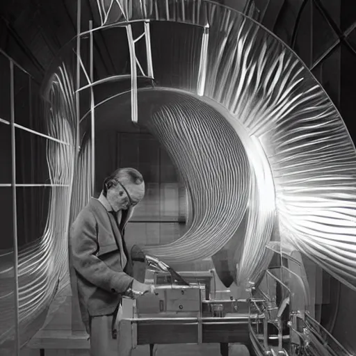 Image similar to filmstill of Marcel Duchamp working on a futuristic machine, long exposure, minimal packshot, archival pigment print