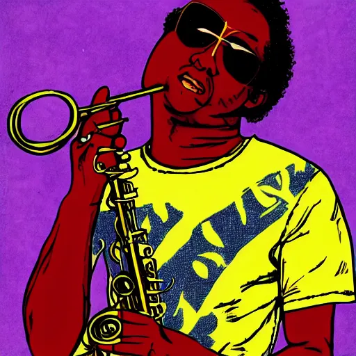 Prompt: miles davis in the style of daniel johnston and ghanian film poster, 4k