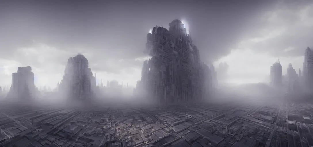 Image similar to dramatic view of giant cuboid megatropolis structure at day, giant towering pillars, colored fog,, unreal engine, dramatic lighting, detailed, ambient occlusion, global illumination, god rays, 3 d artstation render by annibale siconolfi and paul chadeisson