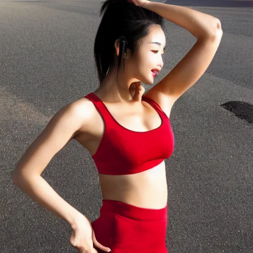 Prompt: very very very beautiful asian woman in red sports bra standing in front of car, bare midriff, one foot raised off the ground, full body portrait, eye contact, smiling, realistic face, perfect body, drawn by sakimichan