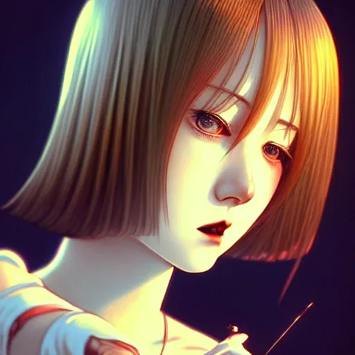 Prompt: film still cute demented woman watches her soul drift away short silky hair velvet film occlusion shadow specular reflection rim light unreal engine artstation pinterest art by hiroaki samura range murata and ilya kuvshinov intricate highly detailed 8 k art deco illustration realistic highdef ornate baroque roccoco extremely beautiful shape of face neck shoulders eyes glass