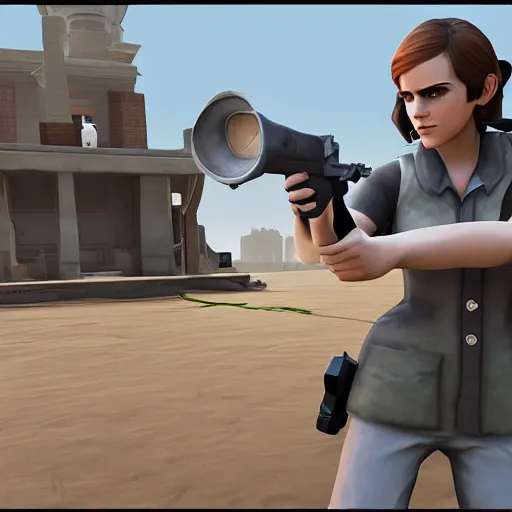 Prompt: gameplay footage of Emma Watson in Team Fortress 2, 3d Render, source engine