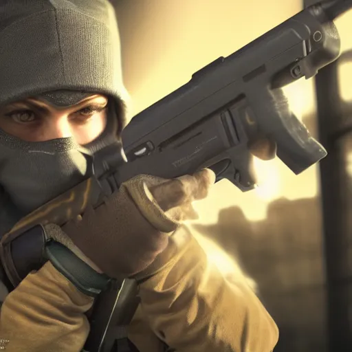 Image similar to bandit with balaclava holding shotgun, dark photo, beautiful details, hdr, octane render