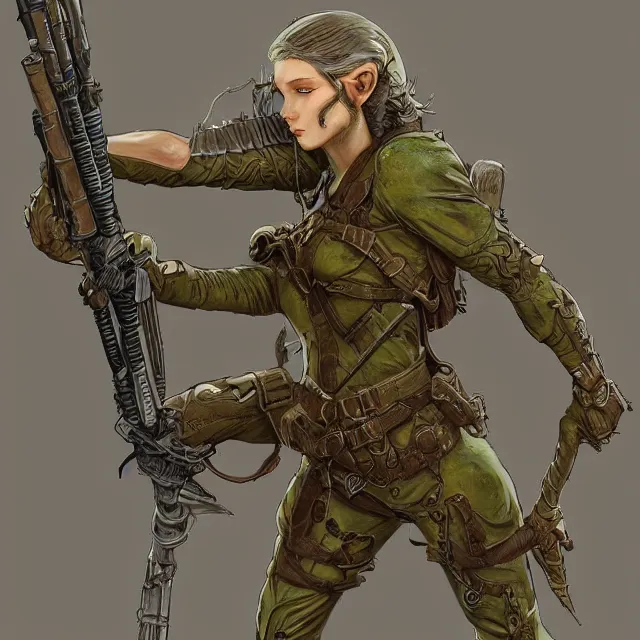 Image similar to an elven sniper in the style of frank frazetta in the style of leonard boyarsky hyper detailed photorealistic hd 8 k post - processing high resolution