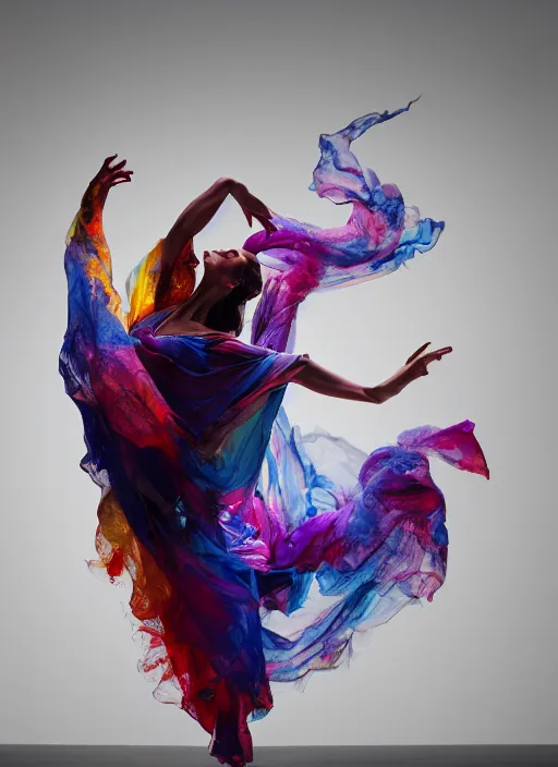Image similar to a Photorealistic dramatic hyperrealistic render of a beautiful smoke dancer by Ken Brower and Deborah Ory of NYC Dance project,Lois Greenfield,Flowing cloth and smoke colourful acrylic ink drop art, Beautiful dynamic dramatic dark moody lighting,volumetric,shadows,cinematic atmosphere,Octane render,8K