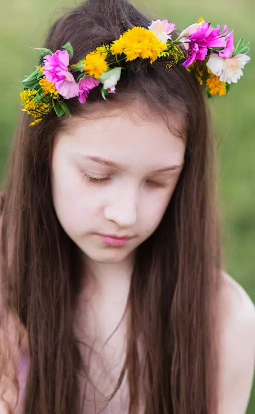 Image similar to portrait of a shy young girl with flowers in her hair, beautiful composition, modern color palette, 50mm f1.8, ambient light,