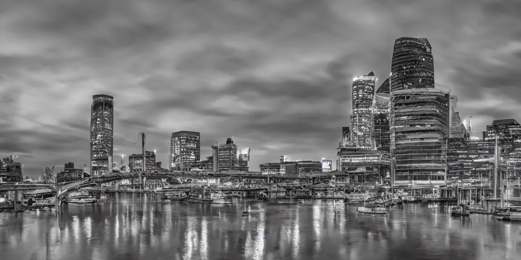 Prompt: docklands in london, night, dimly lit cirrus clouds, long exposure, architecture photography, no hdr, ultrawide image
