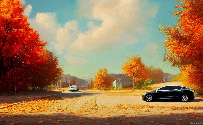 Image similar to new tesla model s on an autumn street by peder mørk mønsted