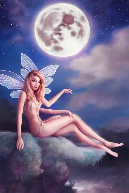 Image similar to attractive fairy magically floating high in the night, fantasy, full moon in background. highly detailed painting by artgerm, mid shot, 8 k