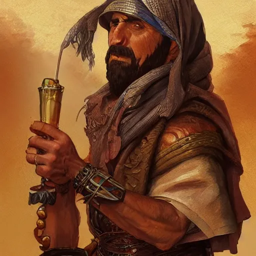 Image similar to an, old, weathered middle eastern warrior, drinking alcohol, D&D, highly detailed, digital painting, artstation, concept art, sharp focus, illustration, cinematic lighting, art by artgerm and greg rutkowski and alphonse mucha
