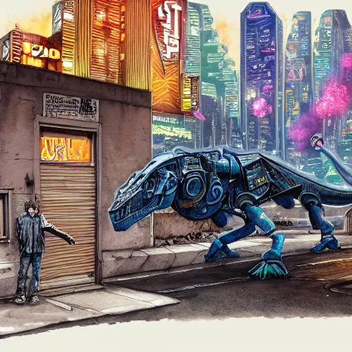 Prompt: hyper-detailed, intricate, full colour watercolor of a mecha dinosaur standing at a ghetto street corner with graffiti in the background, night, city, dark, cyberpunk, 240z, r34, impreza