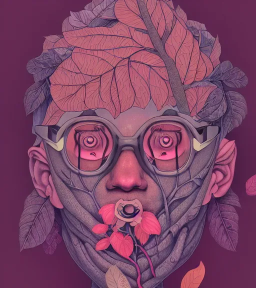 Image similar to portrait, nightmare anomalies, leaves by miyazaki, violet and pink palette, illustration, kenneth blom, mental alchemy, james jean, pablo amaringo, naudline pierre, contemporary art, hyper detailed