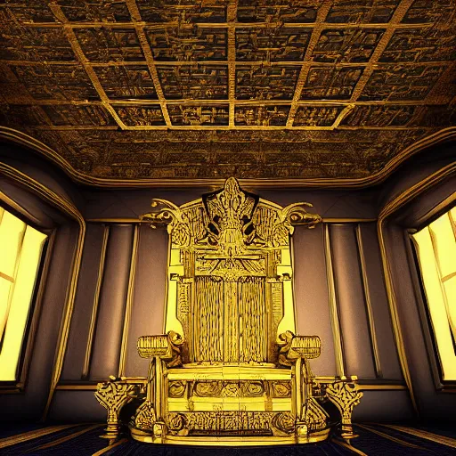 Prompt: Digital art of the golden throne room Imperial matte finish, ominous dramatic wide angle, god rays